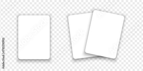 Set of empty white playcards isolated on transparent background. Mockup for blackjack combination in poker game. Paper or plastic play, gift or discount card templates. Vector realistic illustration.