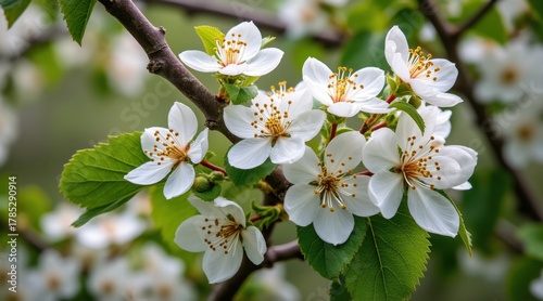 A close-up view of delicate white blossoms on a branch, showcasing vibrant green leaves, symbolizing spring and renewal.