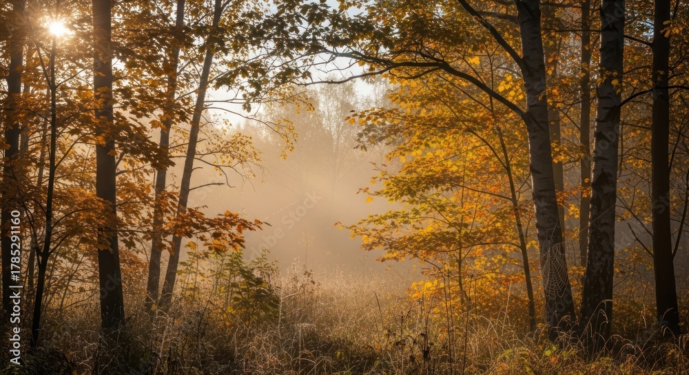 Obraz premium Autumn forest scene with sunlight filtering through trees and foliage