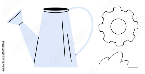 Watering can, gear symbolizing productivity, and a small shrub denoting growth. Ideal for concepts thumbs up progress, nurturing, ecology, teamwork, innovation, development and sustainability in