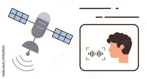 Satellite emitting signals alongside a profile of a user with sound waves and facial focus indicators. Ideal for tech, communication, AI, security, navigation, innovation, digital data. Simple flat