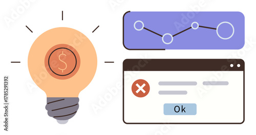 Lightbulb with dollar sign representing financial ideas, line graph for analytics, and error message interface. Ideal for business strategy, fintech, problem-solving, entrepreneurship, innovation