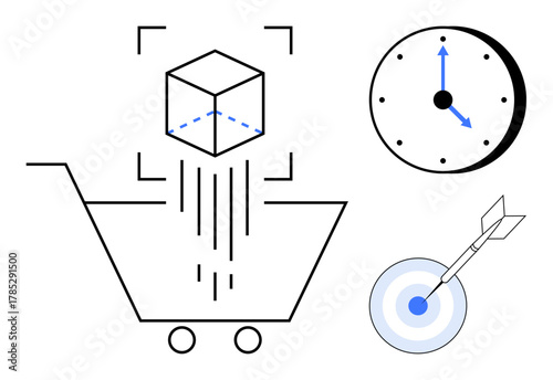 Digital cube in shopping cart, clock showing time focus, bullseye with arrow Ideal for e-commerce, product innovation, time management, performance targeting, precision planning, logistics, efficient