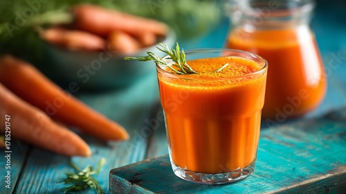 Fresh Carrot Juice in Glass with Carrots on Rustic Table