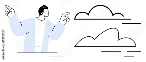 Person raising hands and pointing, minimal clouds in the background. Ideal for creativity, imagination, environment, simplicity, decision-making, optimism direction. Simple flat metaphor
