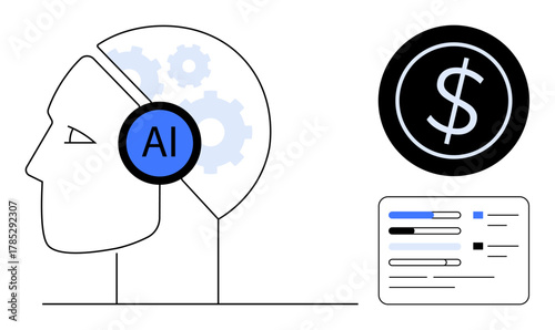 Human head with AI gear symbol, dollar icon, data chart. Ideal for finance technology, machine learning, data-driven innovation, AI integration, economic growth, analytics simple flat metaphor