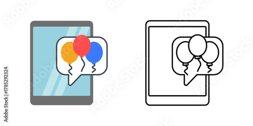 Tablet balloon message icon showing a tablet screen with chat bubble and rising balloons. Ideal for festive greetings, joyful communication, and holiday message concepts.