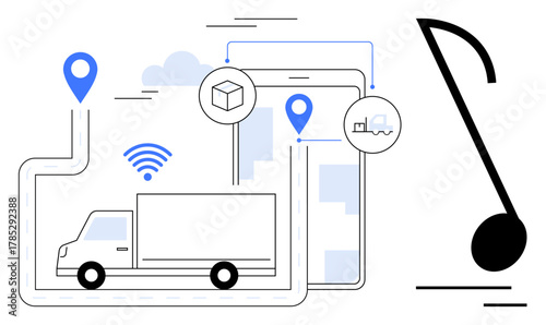 Delivery truck on a GPS path, connected to a smartphone with location pins, parcel icon, and wireless signal. Ideal for technology, logistics, delivery, transportation, location tracking shipping