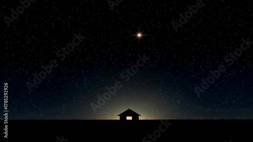 Christmas star shining above dwelling with dark night sky. Bethlehem star over a simple hut, nativity scene concept.