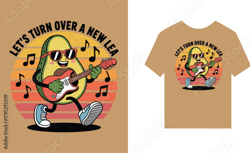 Cartoon avocado playing guitar with sunglasses and music notes ,  cartoon, character, fruit, guitar, electric guitar