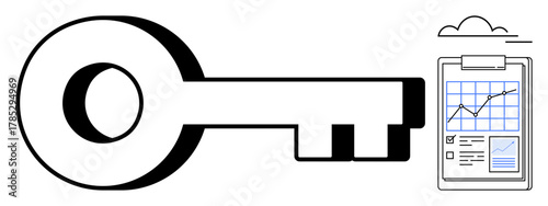 Large key beside a clipboard displaying graphs, charts, and cloud icon. Ideal for security, strategy, analysis, planning, innovation success simplicity. Minimalist flat metaphor