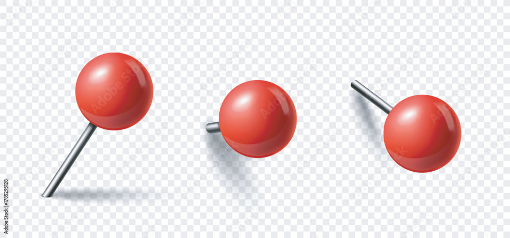 © Rudzhan - Three glossy red push pins are shown in various angles on a transparent background, designed in a realistic graphic style. Concept of office tools. Vector illustration