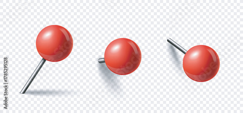 Three glossy red push pins are shown in various angles on a transparent background, designed in a realistic graphic style. Concept of office tools. Vector illustration