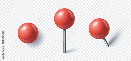 Realistic style red push pins or map tacks shown from different angles on a transparent checkered background. Concept of marking locations. Vector illustration