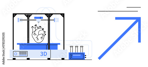 3D printer producing a human heart with precision. Ideal for healthcare, science, innovation, research, biotechnology, medical technology, education. Represents progress and simple flat metaphor