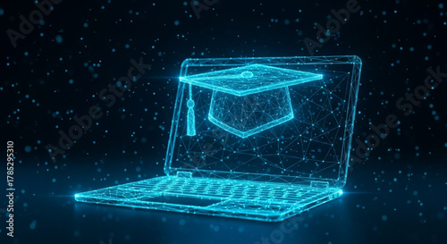 Graduation Cap on Laptop Screen Representing Online Education and E-Learning Technology in Virtual Environment