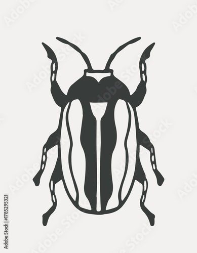 Black stylized beetle drawing with thick lines and symmetrical body pattern in minimal graphic style, placed on a light background. Concept of insects. Vector illustration
