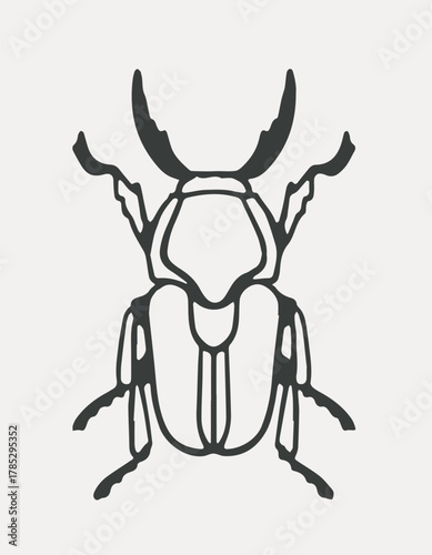 Stylized black line drawing of a stag beetle with large mandibles, minimalistic graphic style, isolated on light beige background. Concept of insect illustration. Vector illustration