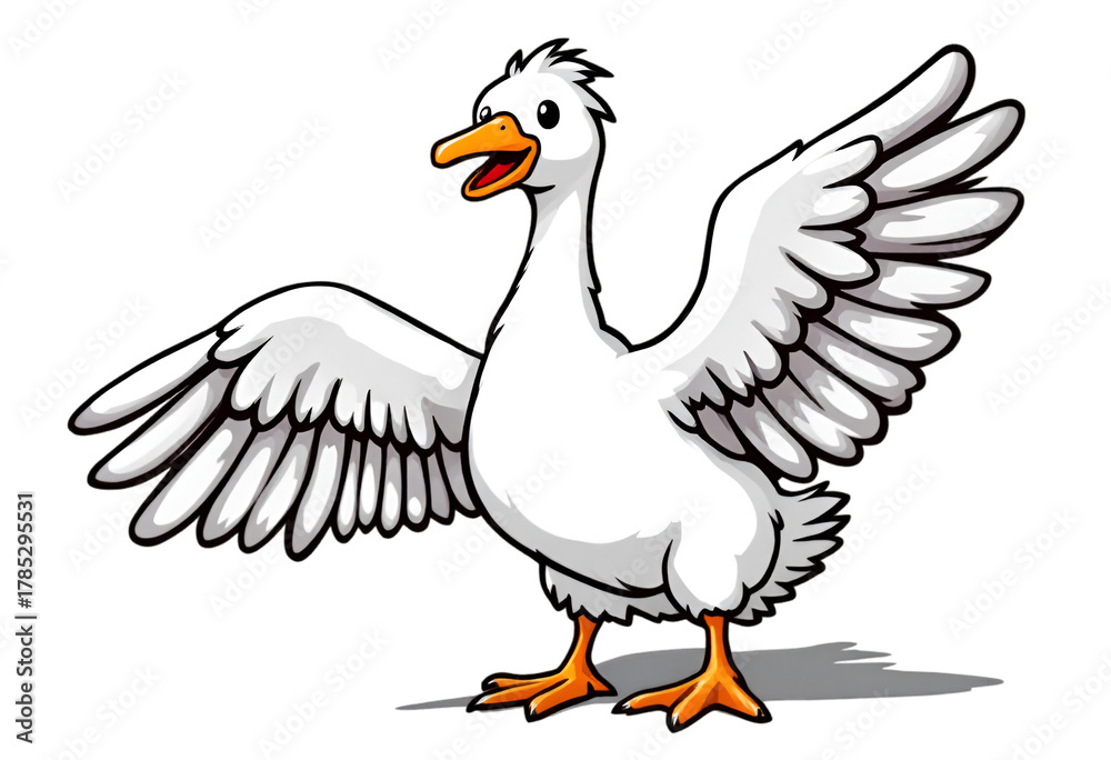 Fototapeta premium Cartoon White Goose with Outstretched Wings on Transparent Background