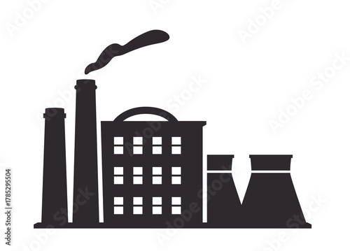 Industrial factory silhouette with chimneys and cooling towers, minimal black graphic style on white background. Concept of manufacturing and pollution. Vector illustration