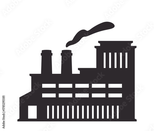 Black silhouette of an industrial factory with chimneys emitting smoke, minimal graphic style on a white background. Concept of manufacturing industry. Vector illustration