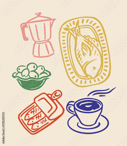 Hand-drawn icons of a coffee pot, fish on a platter, olives in a bowl, canned fish, and a cup of coffee on beige background. Concept of food and beverages. Vector illustration