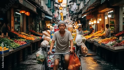 Bustling Hanoi Street Scene - A Cyclist Navigates the Market.