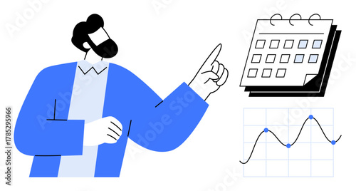Man in blue pointing at calendar with graph depiction. Ideal for time management, data analysis, planning, scheduling, business strategy, productivity improvement, and tracking success. Simple flat