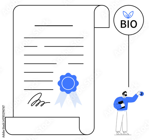 Certificate with ribbon, signature, and BIO badge held by a person. Ideal for sustainability, organic products, authenticity, eco-certification, licensing, ethical practices simple flat metaphor