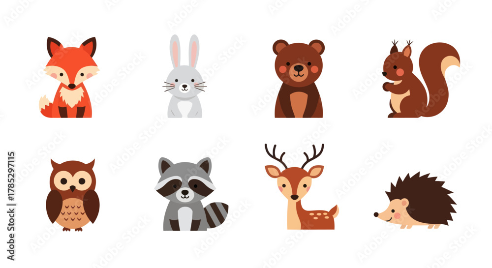 Fototapeta Cartoon forest animals collection fox rabbit bear squirrel owl raccoon deer hedgehog