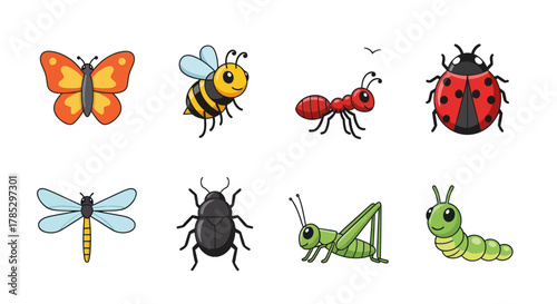 Cartoon insects collection butterfly bee ant ladybug dragonfly beetle grasshopper