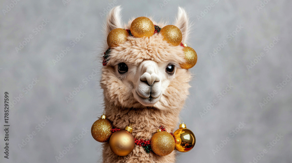 Obraz premium Llama wearing golden christmas ornament garland and festive headband, fluffy fur, joyful holiday animal portrait, grey background