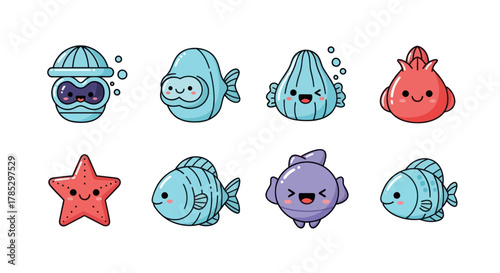 Cartoon ocean creatures illustration diverse marine life on white background