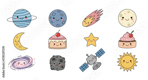 Cartoon planets and celestial bodies with smiling faces for education