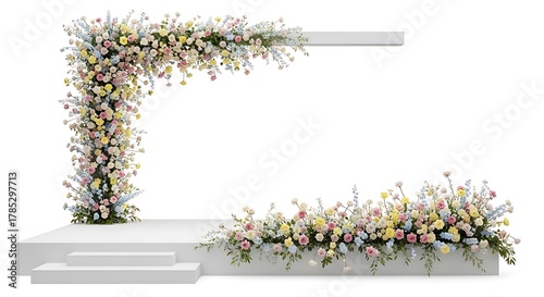 Elegant Wedding Archway Decorated with Pastel Roses and Delphiniums on a White Background floral decoration