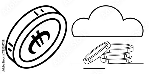 Coin with a currency symbol and a stack of coins near a cloud icon, implying digital finance. Ideal for cryptocurrency, fintech, savings, investment, cloud storage, online banking, simple flat