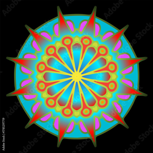 Bright turquoise and yellow mandala with radial glowing shapes forming a colorful and harmonious circular pattern.