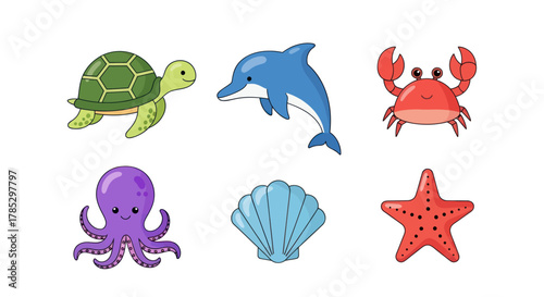 Cartoon sea creatures turtle dolphin crab octopus shell and starfish
