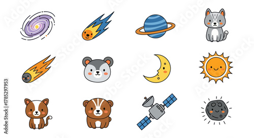 Cartoon space elements and adorable animals vector illustration set