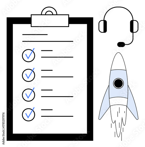Checklist with completed tasks, headset for communication, and rocket launching upward. Ideal for productivity, goals, teamwork, innovation, project success, business strategy simple flat metaphor