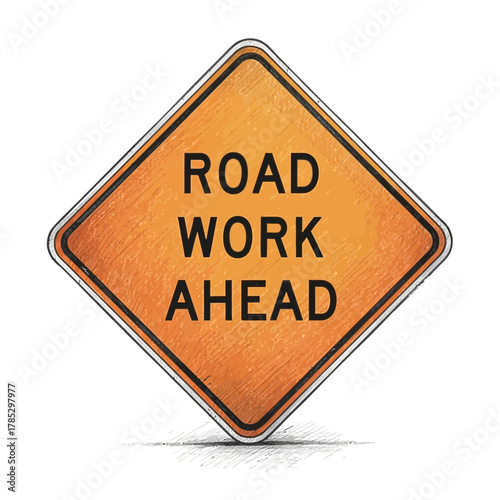 Stylized Road Work Ahead Sign on White Background for Construction Notices