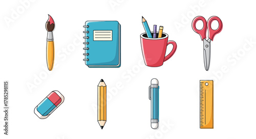 Assortment of stationery items brush notebook pencils scissors eraser ruler