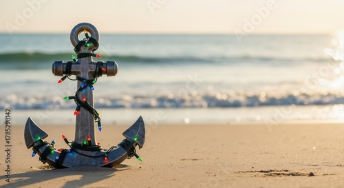 Fototapeta Naklejka Na Ścianę i Meble -  A nautical anchor with colorful Christmas lights on a sandy beach. Tropical holiday celebration at sunset by the ocean with copy space