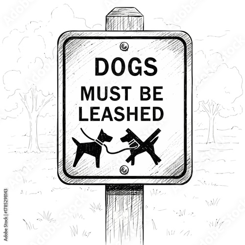 Artistic illustration of a sign reminding to keep dogs leashed in outdoor spaces