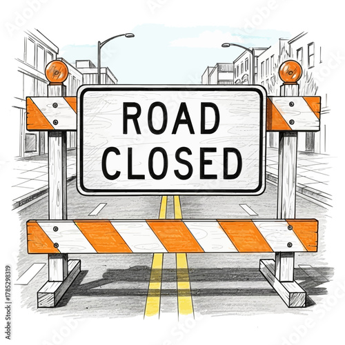 Hand-drawn road closed barricade on city street restricting access illustration