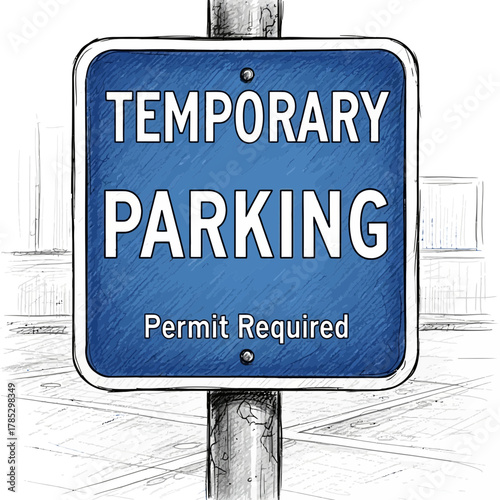 Informative temporary parking permit required road sign illustration