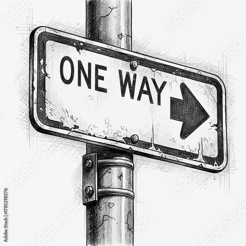 Monochrome Sketch of a One Way Road Sign Mounted on a Metal Pole