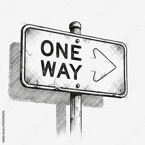 Monochrome Sketch of a One Way Traffic Sign in Perspective View Style