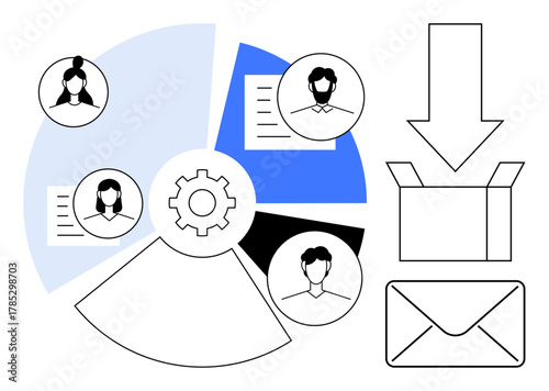 Divided pie chart with user profiles, documents, gear, arrows, box, and envelope representing teamwork, project management, and efficient task organization. Ideal for collaboration communication