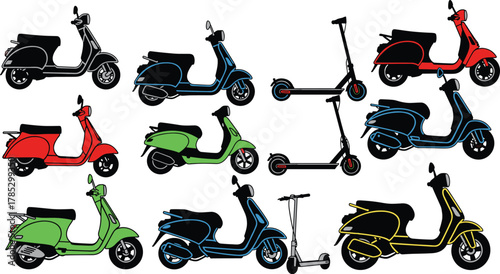 Scooter and electric kick scooter collection, colorful personal transport icons, urban mobility vector set, modern vehicle pack, flat vector illustration